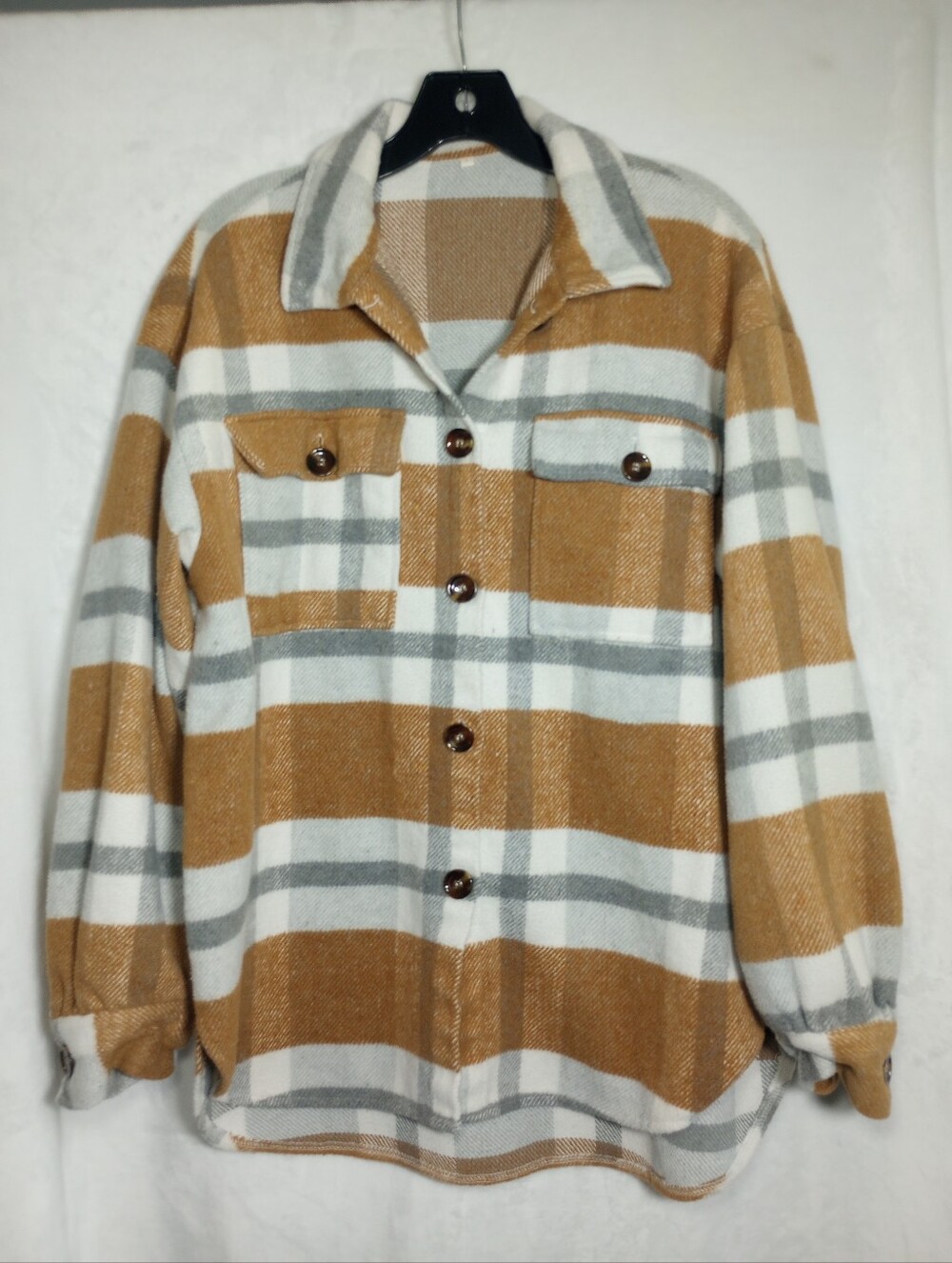 Cabincore Autumn Plaid Shacket Earthy Button Front Collared Pockets Urban Cozy L